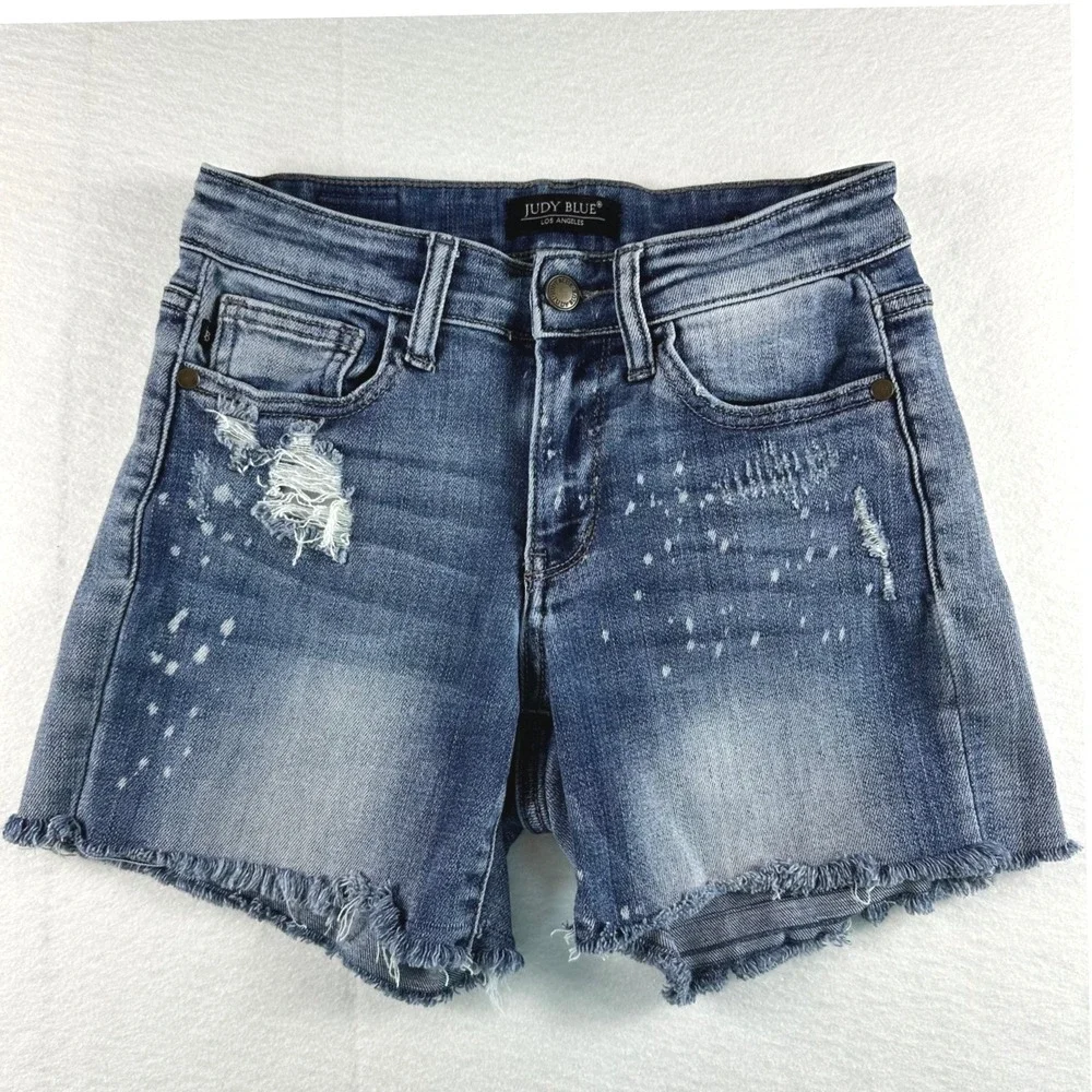 Judy Blue Distressed Paint Splatter Boyfriend Denim Shorts Blue 0/24 JB82169LT